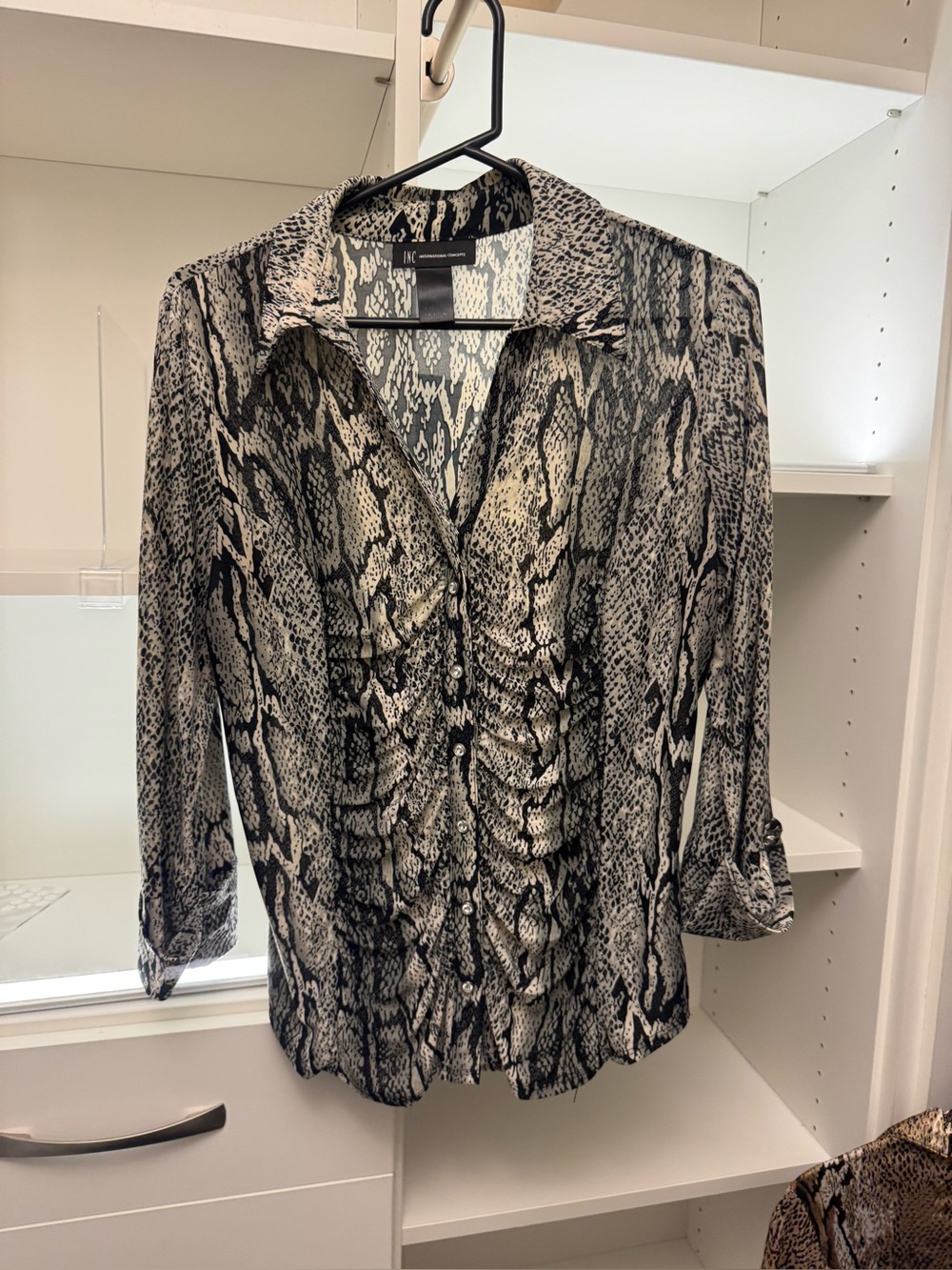 INC International Concepts Black & White Animal Print Ruched Blouse